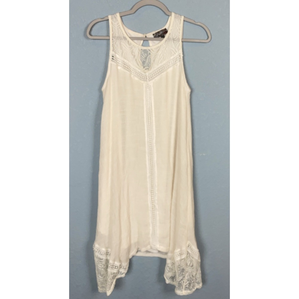 J Gee Dress Women's L White Gauze High Lo Ruffle Midi‎ Beach Lace Crochet Fairy